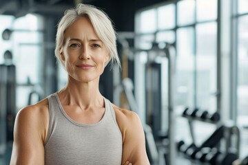 Portrait of smiling Middle aged woman working out gym fitness healthy lifestyle gym fitness for seniors, healthy aging, active lifestyle