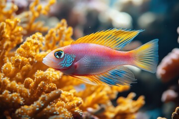 Fototapeta premium Rainbow Runner Fish Swimming Over Goniopora Coral Reef in Andaman Sea Marine Life Conservation