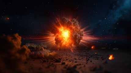 Fototapeta premium Dramatic explosion in a night sky with fiery clouds and glowing debris against a dark backdrop