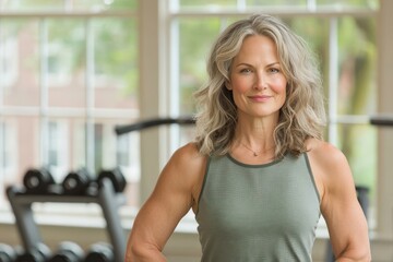 Portrait of smiling Middle aged woman working out gym fitness healthy lifestyle gym fitness for seniors, healthy aging, active lifestyle