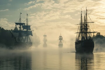 Fototapeta premium Mysterious silhouettes of historic ships sail through fog on a calm river, bathed in soft morning light, evoking a sense of adventure and exploration.