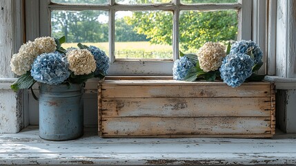 Hydrangeas in rustic containers on windowsill.