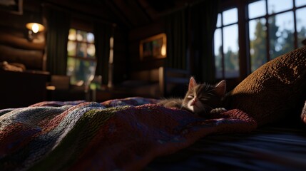 Cozy cabin interior with a sleeping cat on a colorful blanket, sunlight streaming through windows
