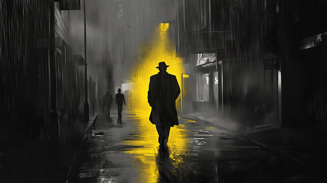 Detective in Fedora and Long Coat with Mysterious Mood Walking Down Rain-Slicked City Street at Night Noir