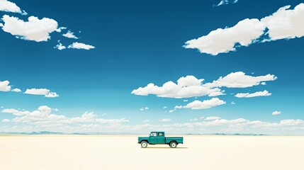 Teal Pickup Truck in a Vast White Desert Under a Bright Blue Sky with Puffy Clouds