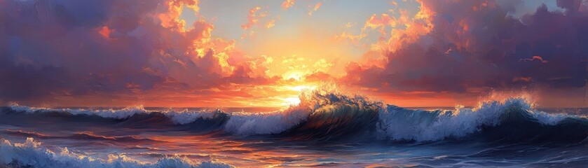 Fototapeta premium Stunning Ocean Sunset with Vibrant Clouds and Waves Captured in a Serene Seascape