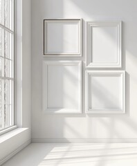 Empty picture frames on white wall in sunlit room
