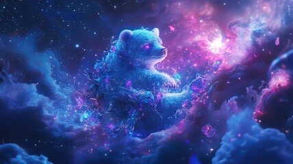 Fototapeta premium A crystal bear entwined with vines in a cosmic galaxy Mystical bear in a cosmic, colorful landscape