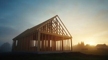 Obraz premium wooden house construction site at dawn, surrounded by misty light, evokes sense of tranquility and potential