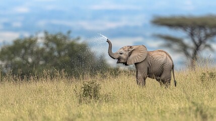 Obraz premium African Elephant Calf Playing in Savanna Spraying Water