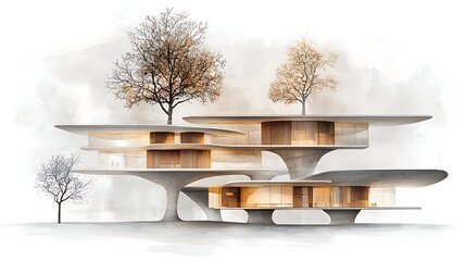 Innovative architectural design modern urban setting digital rendering minimalist style aerial view sustainability concept