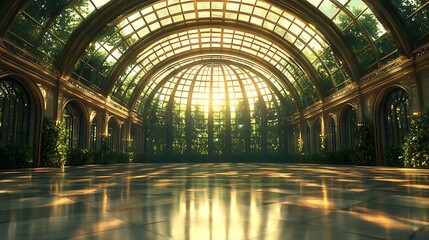 Naklejka premium Sunlit conservatory elegance botanical garden interior photography serene atmosphere wide angle nature's beauty