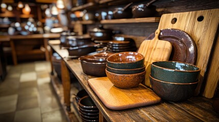 A cozy kitchen display showcasing various handcrafted pottery and wooden kitchenware on shelves