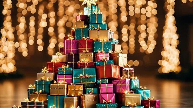 Creative christmas tree made of stacked presents with twinkling lights background