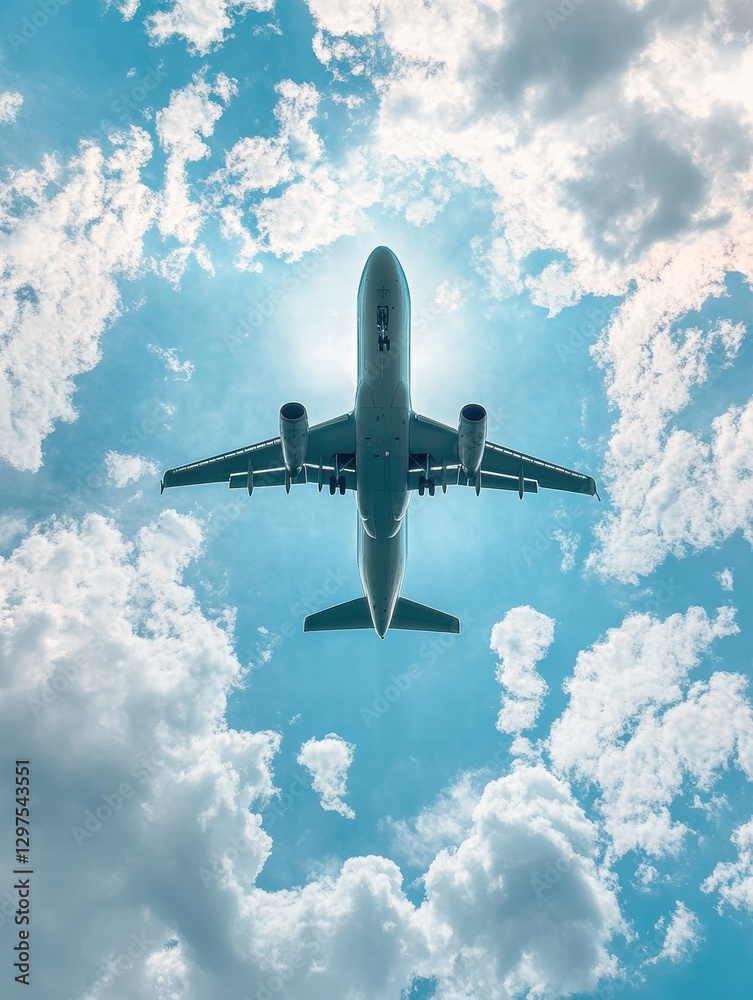 Poster Airplane flying high above clouds on a bright day with sunlight illuminating the sky. Generative AI