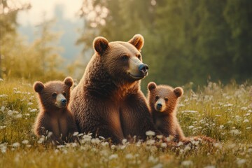 Obraz premium Mother Bear and Two Cubs Roaming a Meadow, Wildlife Banner.