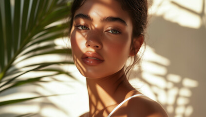 Beautiful woman with clean, healthy skin and a perfect body shape, wearing a white tank top, posing for a beauty portrait.