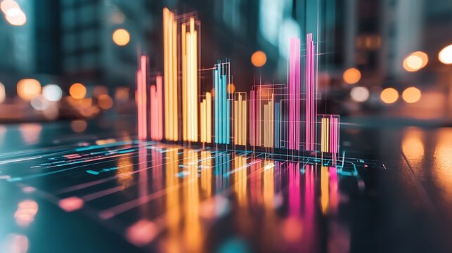 Dynamic financial data visualization urban setting digital graphics modern environment high-angle perspective economic insights