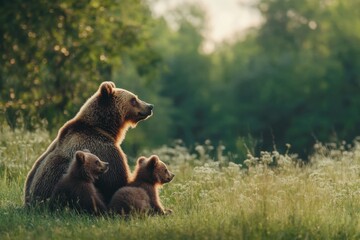 Obraz premium Mother Bear and Two Cubs Roaming a Meadow, Wildlife Banner.