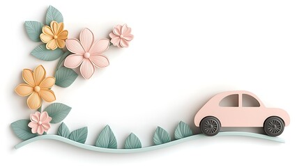 Car adventure surrounded by colorful flowers whimsical illustration digital art bright and cheerful environment