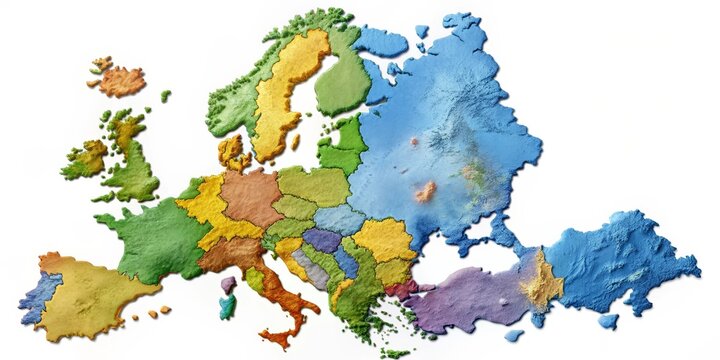 A textured relief map of Europe showcasing the diverse geographical regions and their boundaries