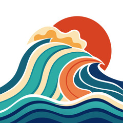 Stylized Ocean Waves with Sunset Vector Illustration, A vibrant vector illustration of stylized ocean waves with bold colors and a sunset, creating a calming coastal scene.
