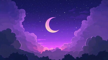 A beautiful crescent moon surrounded by fluffy clouds at nighttime