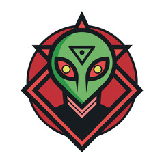 Vector Alien Icon with Mystical Geometric Shapes, A vector illustration of a green alien icon surrounded by sharp, mystical geometric shapes, featuring vibrant eyes and a bold design.
