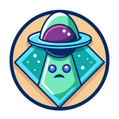 Vector Cute Alien UFO Icon with Geometric Shapes, A vector illustration of a cute alien UFO with a colorful design, featuring geometric shapes and a playful expression.
