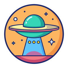 Vector UFO Icon with Bright Colors and Design, A vector illustration of a colorful UFO icon with a shiny dome, featuring vibrant colors and celestial elements in a circular frame.
