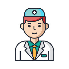 Cartoon Doctor with Medical Hat Vector Illustration, A vector illustration of a friendly cartoon doctor wearing a white coat, medical hat, and stethoscope, representing healthcare professionals.
