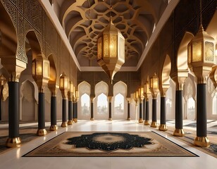 Obraz premium Ornate Islamic Interior with Golden Arches and Hanging Lanterns