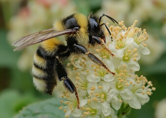 Close-Up of a Bumblebee Pollinating a White Flower in a Vibrant Garden Setting with Soft Focus Background and Rich Detail