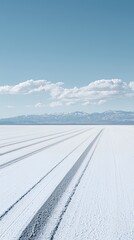 Tire Tracks on a White Salt Flat Under a Blue Sky