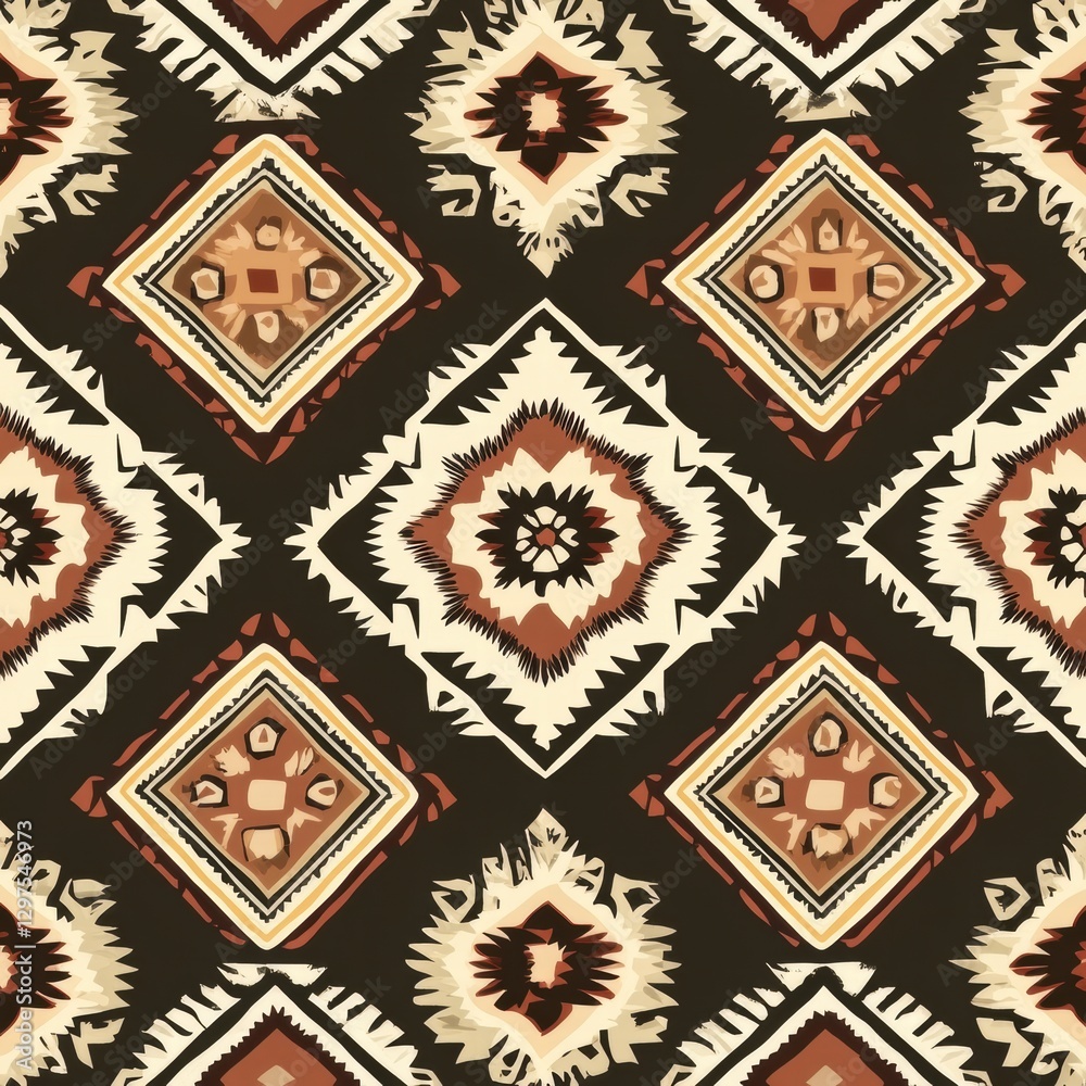 Poster colorful geometric pattern featuring diamonds and floral shapes on a dark background. generative ai