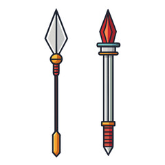 Spear Vector Illustration Set, A set of vector illustrations featuring different types of spears, designed with vibrant colors and detailed artwork.
