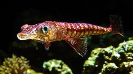 Fototapeta premium Reddish snipefish swimming near coral reefs in a dark deep-sea aquarium environment.