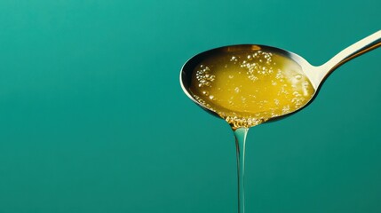 Golden Honey Dripping from Spoon with Bubbles on Aquamarine Background in Soft Light