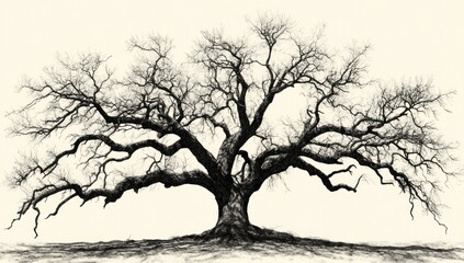 a meticulously rendered leafless oak tree showcasing intricate branch patterns against a pale backdrop