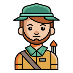 Forest Ranger Vector Illustration with Hat, A vector illustration of a forest ranger wearing a hat, uniform, and carrying a tool, perfect for nature and outdoors themes.
