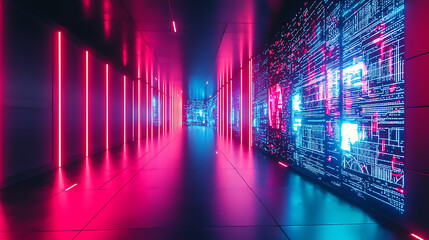 Abstract Futuristic Neon Tunnel with Pink and Blue Glowing Lights