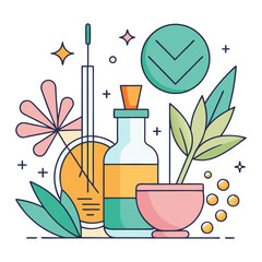 Vector Illustration of Natural Beauty Products and Flowers, A vector illustration of natural beauty products like oils and creams surrounded by flowers and plants.
