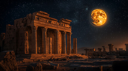 Obraz premium Ancient Ruins Under a Large Orange Moon at Night
