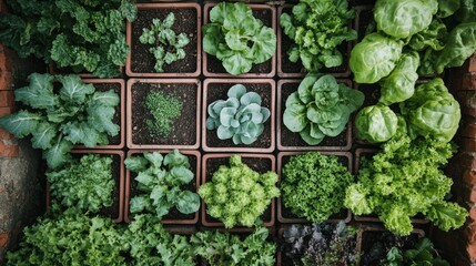 A Vibrant Garden of Leafy Greens: An Aerial View of Various Lettuce and Greens in Terracotta Pots