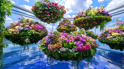 Fototapeta premium Colorful Hanging Floral Baskets with Vibrant Blooms Reflected in Blue Water Under Sunny Sky