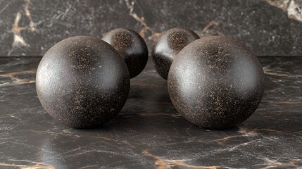 A close-up of four textured black spheres arranged on a dark marbled surface, showcasing their design