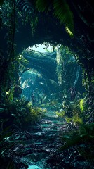 Mysterious Jungle Path: Deep Green Forest With Lush Vegetation and Magical Light
