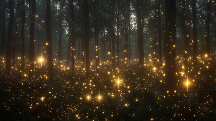 Naklejka premium Enchanted Forest at Night Glowing Fireflies Illuminate Dark Trees