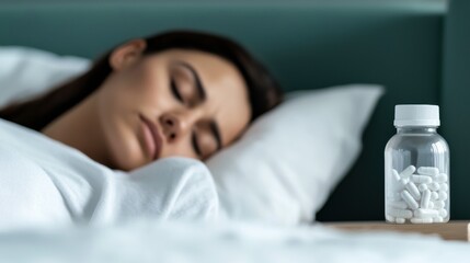 Woman Resting in Bed with Vitamin Bottle Nearby for Health Maintenance
