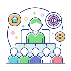 Goal Achievement and Celebration with Team Vector Illustration, A vector illustration of a leader celebrating success at the podium with a team, surrounded by symbols of goals and achievement.
